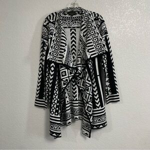 Icelandic Design Cardigan Sweater Women M Wool Aztec Print Open Longline Pockets